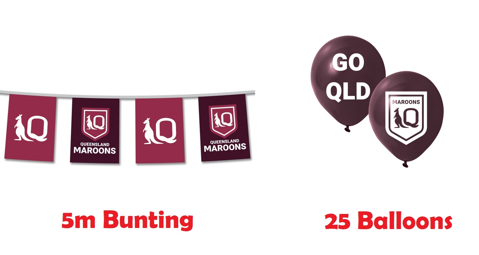 Queensland QLD Maroons State of Origin Party Bunting Flags 5M & 25 Balloons Pack Lombards