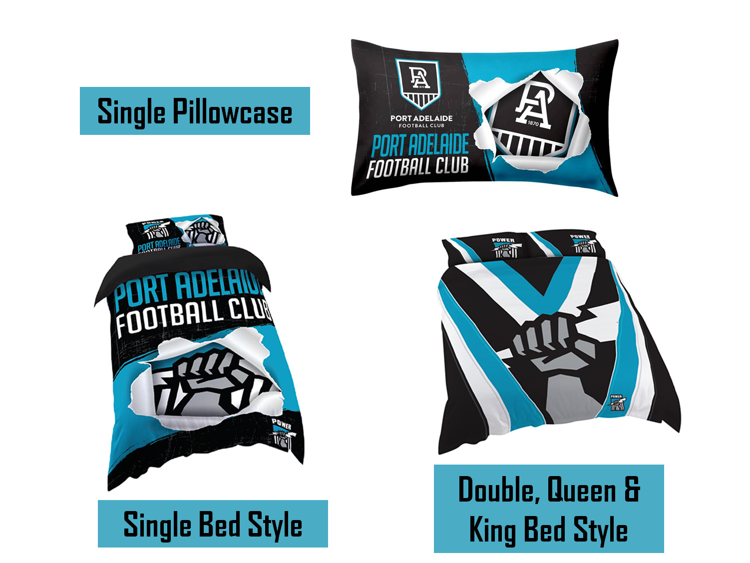 Port Adelaide Power AFL Pillow Quilt Cover Set Single, Double, Queen