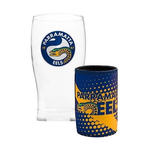 Set Of Two NRL Drink Glass Set Metal Badged Logo Parramatta Eels 