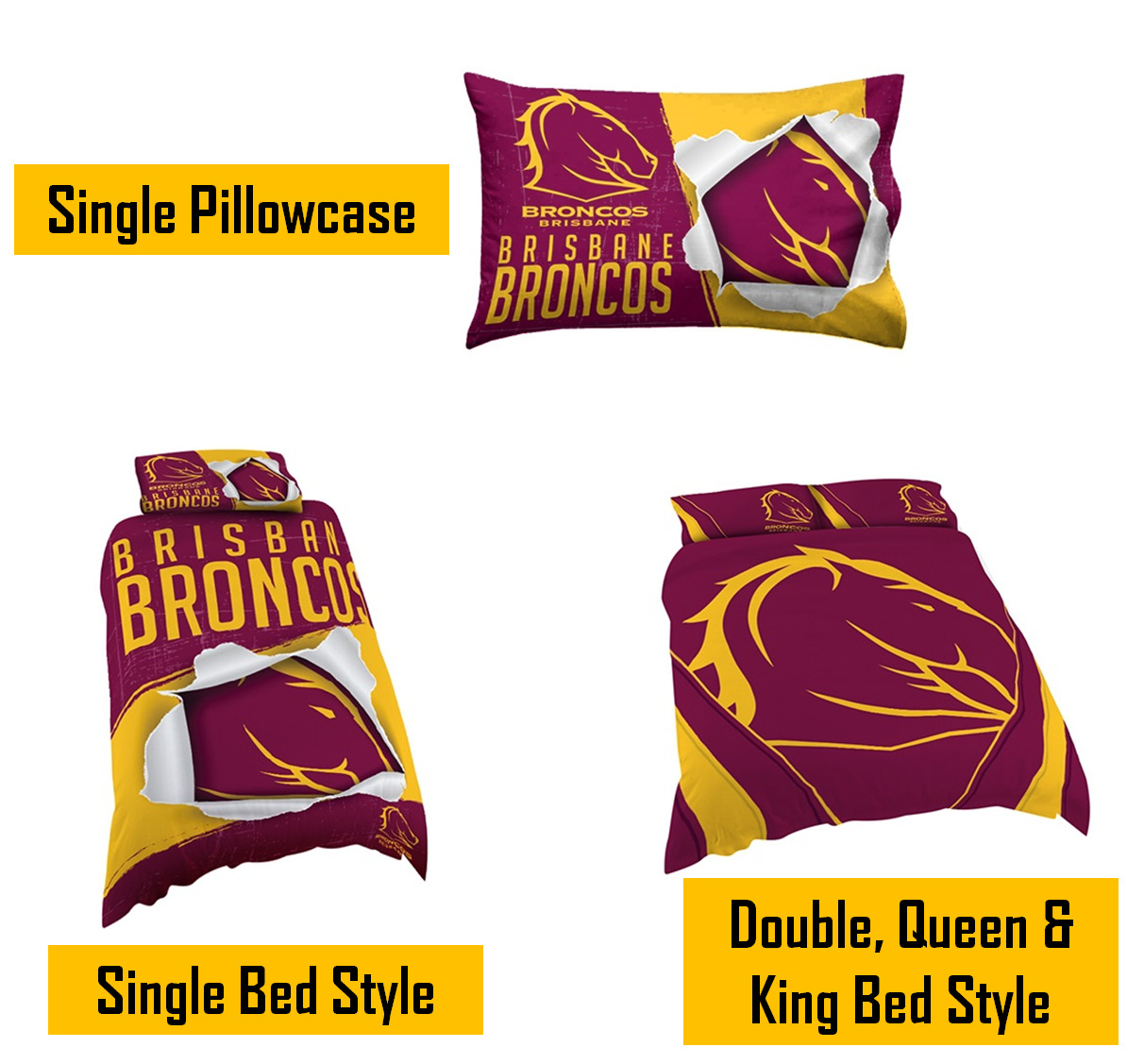 Brisbane Broncos NRL Pillow Quilt Cover Set Single, Double, Queen