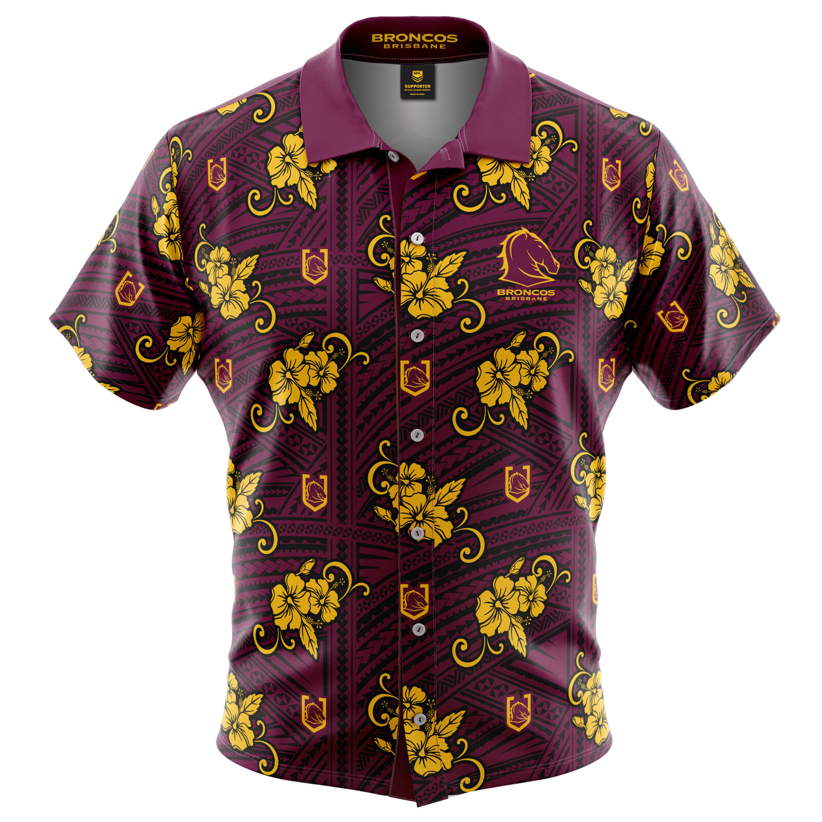 Brisbane Broncos NRL 2021 Tribal Hawaiian Shirt Button Up Polo Shirt Sizes S-5XL 