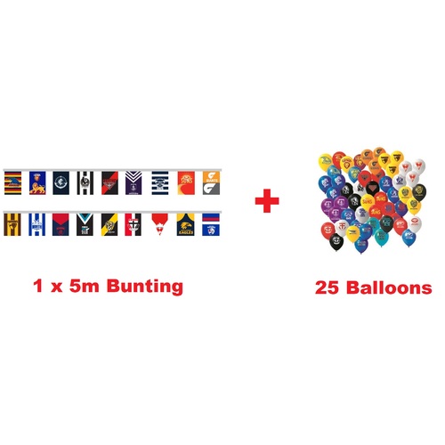 AFL All Teams 5m Flags Bunting Banner & 25 Helium Party Balloons 