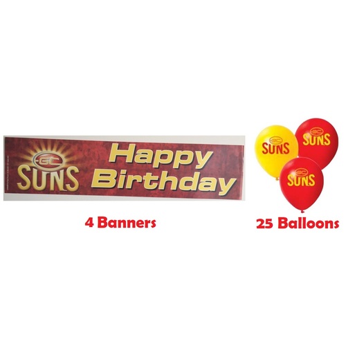 Gold Coast Suns AFL Party Pack 25 Balloons & 4 Happy Birthday Banners!