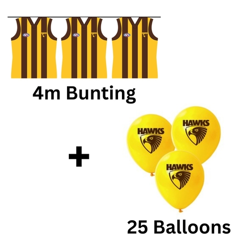 Hawthorn Hawks AFL Bunting Flags 4M & 25 Helium Balloons Birthday Party Pack