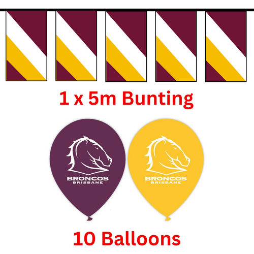 Brisbane Broncos NRL Bunting Flags 5 metre & 10 Helium Balloons