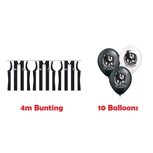 Collingwood Magpies AFL Bunting Flags 4m & 10 Balloons Birthday Party Pack