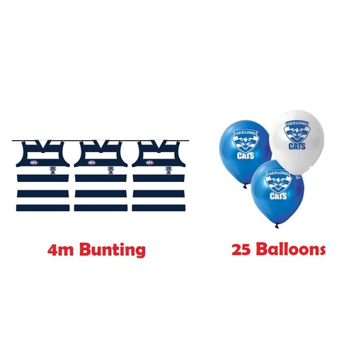 Geelong Cats AFL Bunting Flags 4m & 25 Balloons Birthday Party Pack