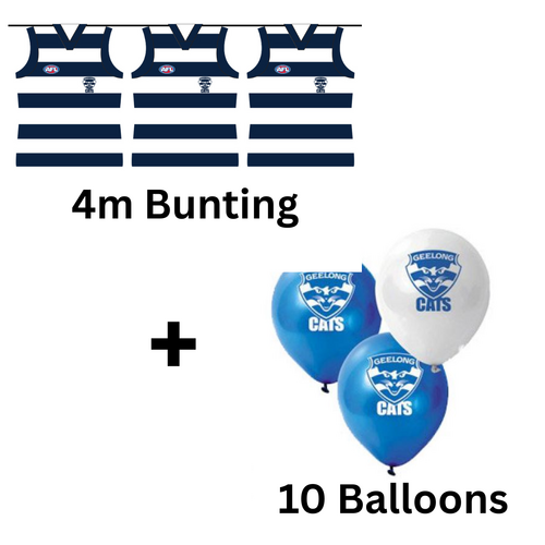 Geelong Cats AFL Bunting Flags 4m & 10 Balloons Birthday Party Pack