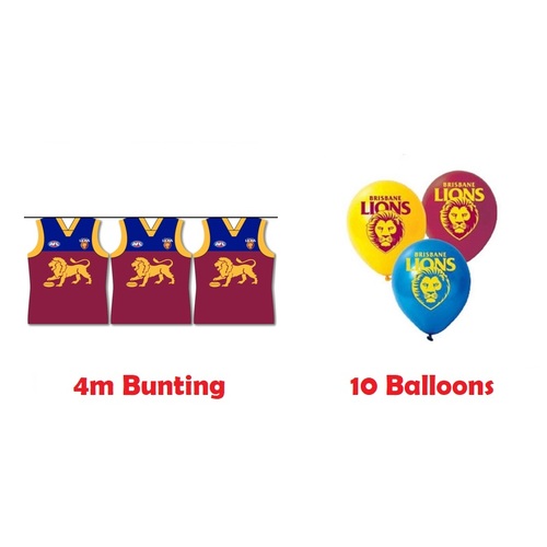 Brisbane Lions AFL Bunting Flags 4m & 10 Balloons Birthday Party Pack