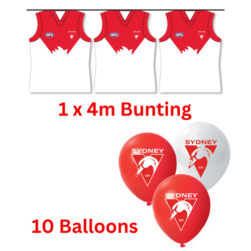 Sydney Swans AFL Bunting Flags 4m & 25 Balloons Birthday Party Pack