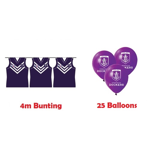 Freemantle Dockers AFL Bunting Flags 4m & 25  Balloons Birthday Party Pack