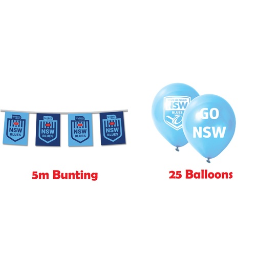 NSW Blues State of Origin Birthday Party Bunting Flags 5M & 25 Balloons Pack