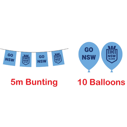 NSW Blues State of Origin Birthday Party Bunting Flags 5M & 10 Balloons Pack