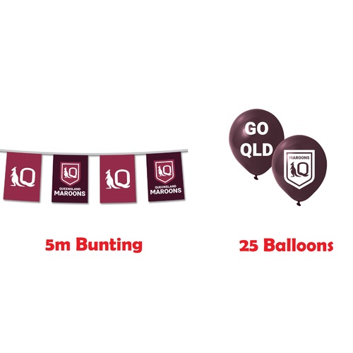 Queensland QLD Maroons State of Origin Party Bunting Flags 5M & 25 Balloons Pack