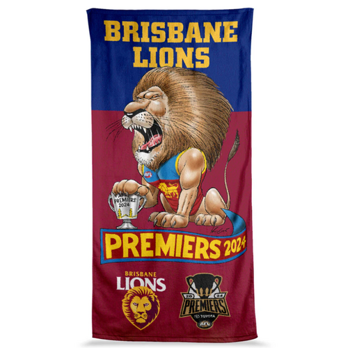 Brisbane Lions AFL 2024 Premiers Caricature Beach Towel P2! PRE SALE