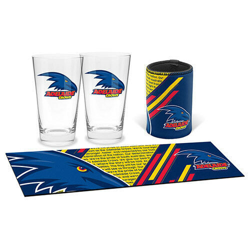 Adelaide Crows AFL Bar Essentials Gift Set - Bar Runner, Can Cooler Glasses