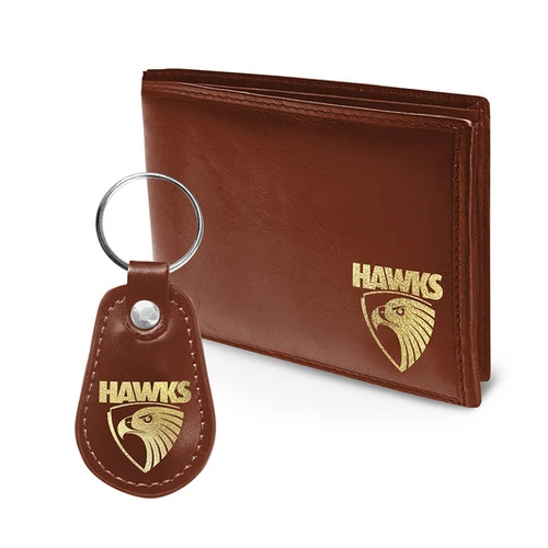 Official AFL Hawthorn Hawks Wallet + Keychain Keyring Gift Set Pack