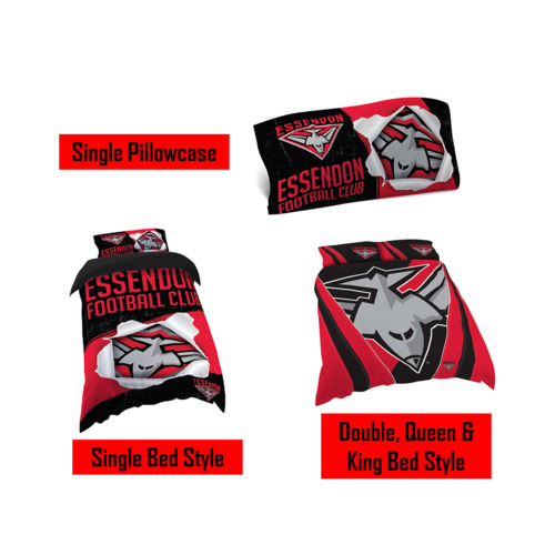 Essendon Bombers AFL Pillow Quilt Cover Set: Single, Double, Queen & King Bed