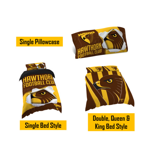 Hawthorn Hawks AFL Pillow Quilt Cover Set: Single, Double, Queen & King Bed