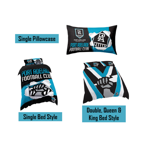 Port Adelaide Power AFL Pillow Quilt Cover Set: Single, Double, Queen & King Bed