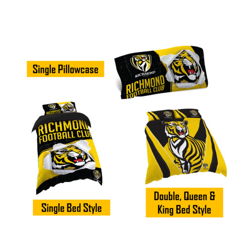 Richmond Tigers AFL Pillow Quilt Cover Set: Single, Double, Queen & King Bed