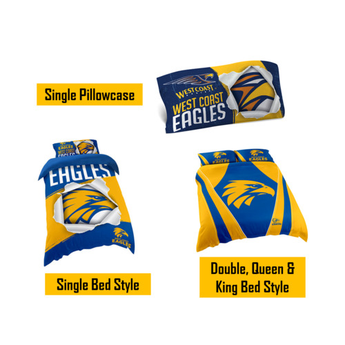 West Coast Eagles AFL Pillow Quilt Cover Set: Single, Double, Queen & King Bed