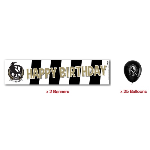 Collingwood Magpies AFL Party Pack 25 Balloons & 2 Happy Birthday Banners!