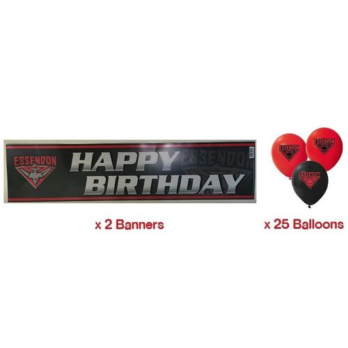 Essendon Bombers AFL Party Pack 25 Balloons & 2 Happy Birthday Banners!