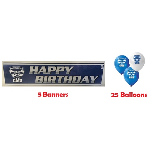 Geelong Cats AFL Party Pack 25 Balloons & 5 Happy Birthday Banners!