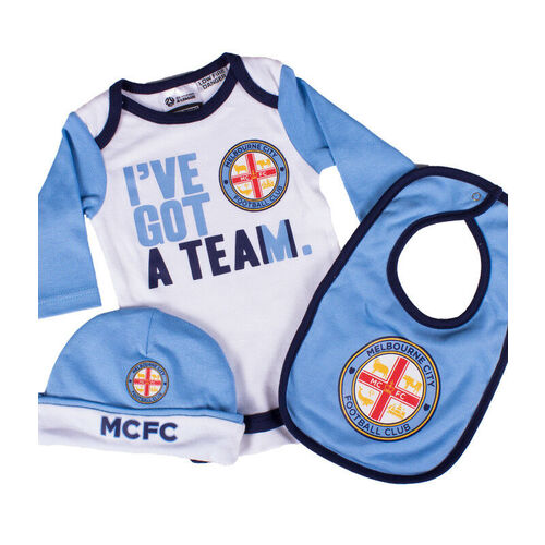 Melbourne City A League 3 PC Body Suit Beanie & Bib Set Baby Infant Sizes 000-1