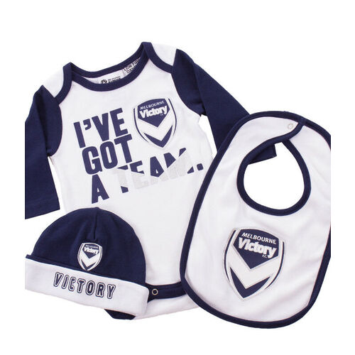 Melbourne Victory A League 3 PC Body Suit Beanie & Bib Set Infant Sizes 000-1