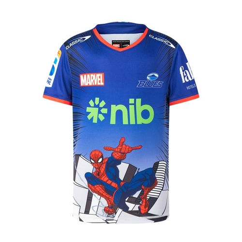 Auckland Blues 2025 Marvel Super Rugby Spiderman Warm Up Shirt Kids Sizes 8-14!