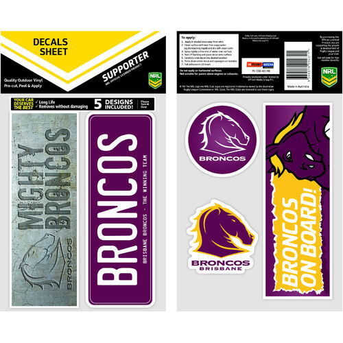 Official Brisbane Broncos NRL iTag Car Bumper Decal Sticker Sheet (5 Pack)
