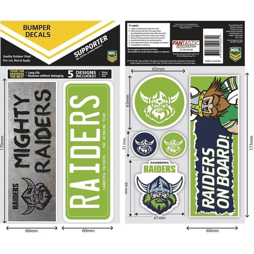 Canberra Raiders Official NRL iTag UV Car Bumper Decal Sticker Sheet (5 Pack)