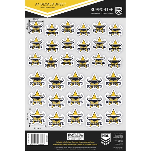North Queensland Cowboys Official NRL A4 Gang Team Logo Decal Sheets!