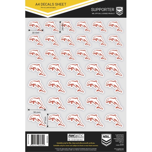 The Dolphins Official NRL A4 Gang Team Logo Decal Sheets!