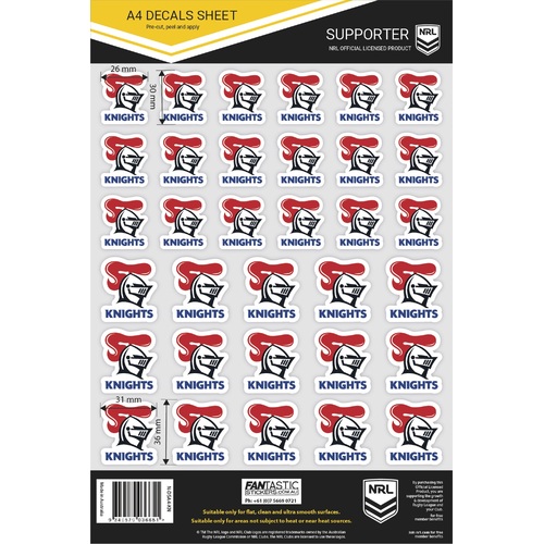 Newcastle Knights Official NRL A4 Gang Team Logo Decal Sheets!