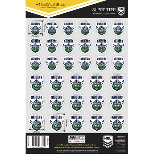 Canberra Raiders Official NRL A4 Gang Team Logo Decal Sheets!