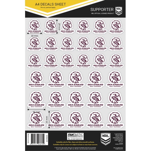 Manly Sea Eagles Official NRL A4 Gang Team Logo Decal Sheets!