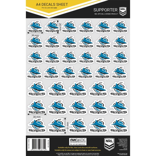 Cronulla Sharks Official NRL A4 Gang Team Logo Decal Sheets!