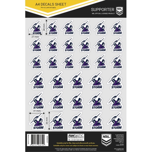 Melbourne Storm Official NRL A4 Gang Team Logo Decal Sheets!