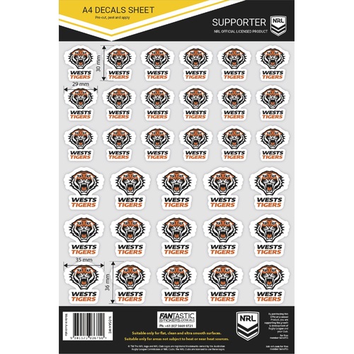 Wests Tigers Official NRL A4 Gang Team Logo Decal Sheets!