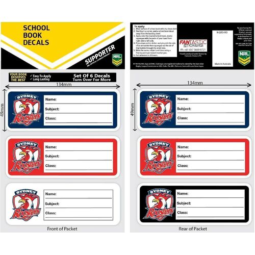 Official NRL Sydney Roosters iTag School Book Label Decal Stickers (6 Pack)