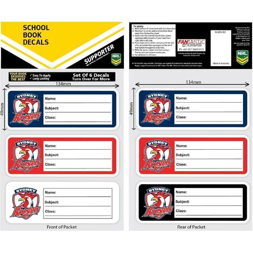 Official NRL Sydney Roosters iTag School Book Label Decal Stickers (6 Pack)