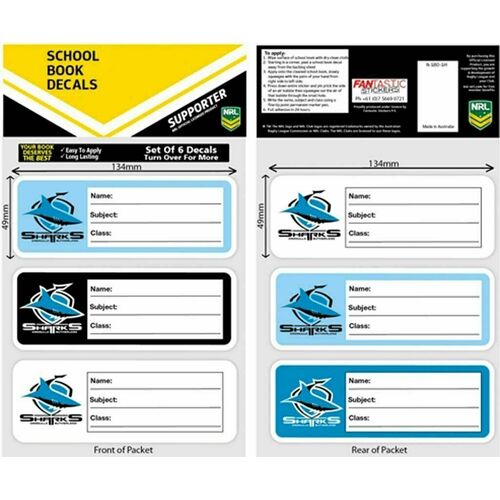 Cronulla Sharks Official NRL iTag School Book Label Decal Stickers (6 Pack)