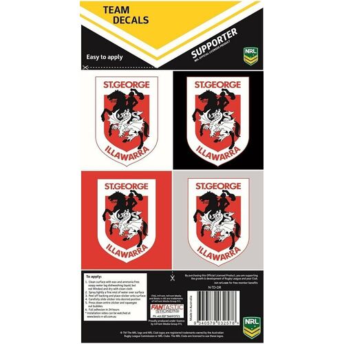Official St George Dragons NRL iTag UV Car Team Decal Sticker Sheet (4 Pack)