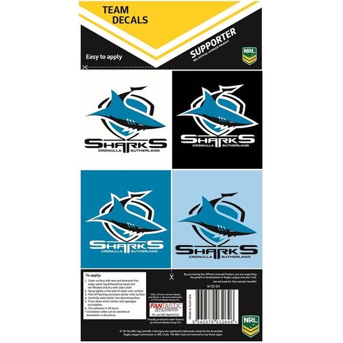 Official Cronulla Sharks NRL iTag UV Car Team Decal Sticker Sheet (4 Pack)