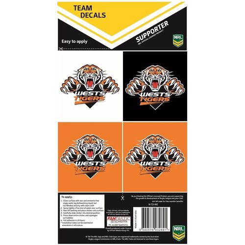 Official West Tigers NRL iTag UV Car Team Decal Sticker Sheet (4 Pack)