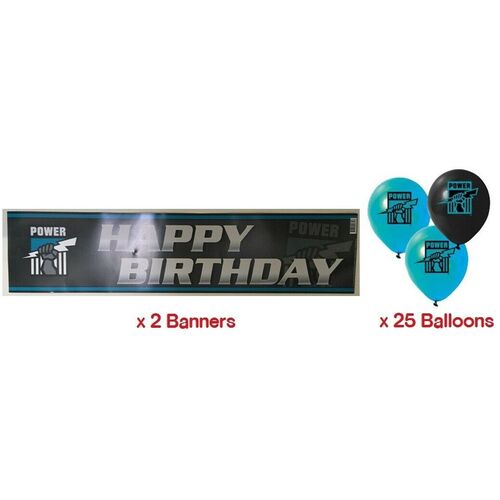 Port Adelaide Power AFL Party Pack 25 Balloons & 2 Happy Birthday Banners 