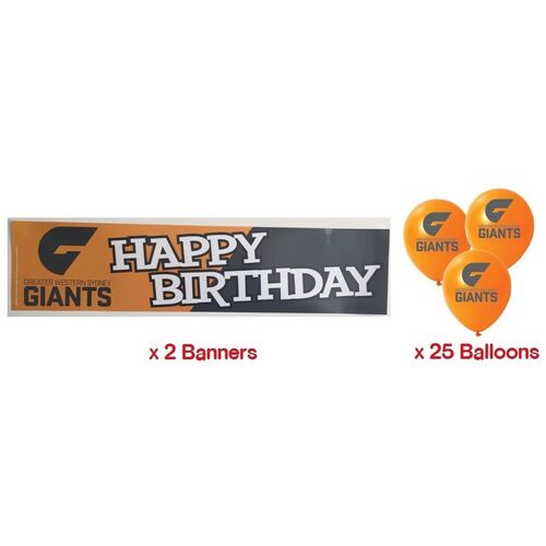 GWS Giants AFL Party Pack 25 Balloons & 2 Happy Birthday Banners